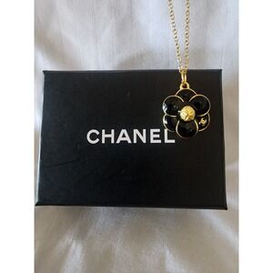 Chanel Camellia Flower Pendant Necklace Blk Enamel Gold Tone CC 925 upcycled